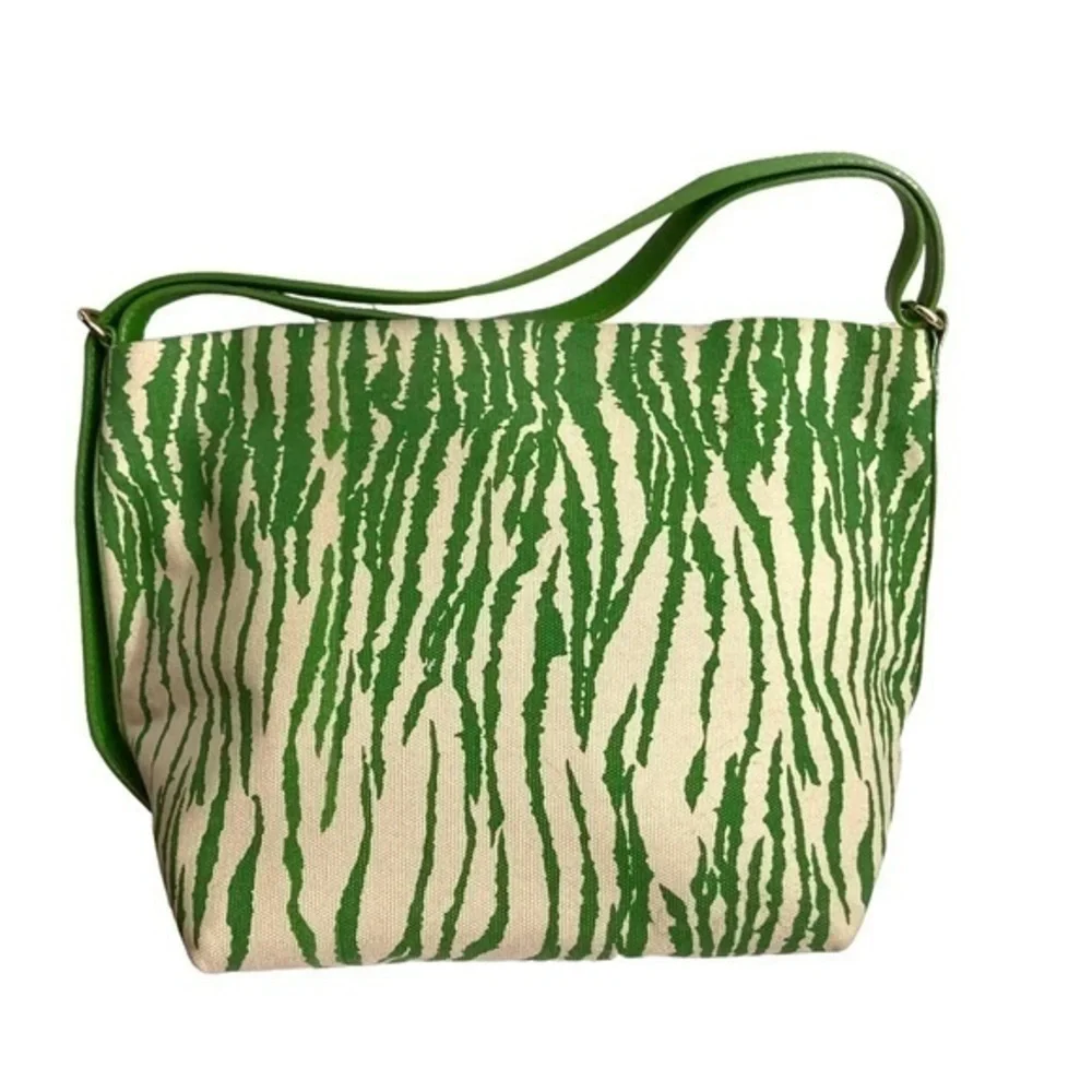 Kate spade green zebra canvas and leather vintage tote bag